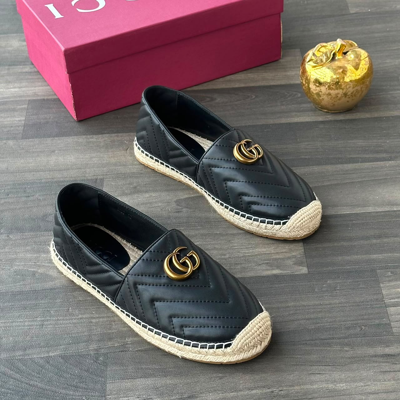 Black Quilted Espadrille Loafers with Gold Gucci Chain