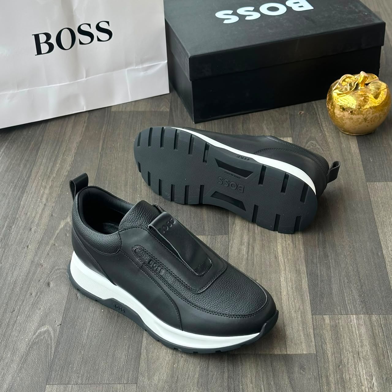 Boss Black Leather Slip-On Sneakers
