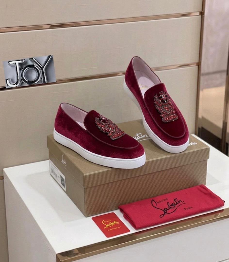 Christian Louboutin Burgundy Velvet Crystal-Embellished Slip-On Sneakers