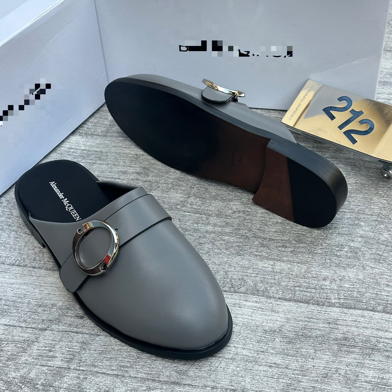 Alexander McQueen Grey Leather Buckle-Strap Mules