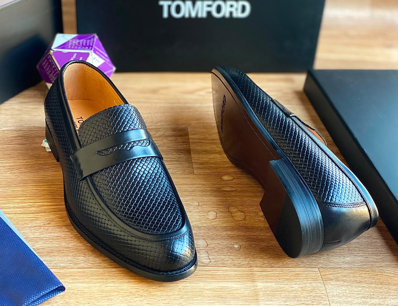 Tom Ford Black Woven Leather Penny Loafers