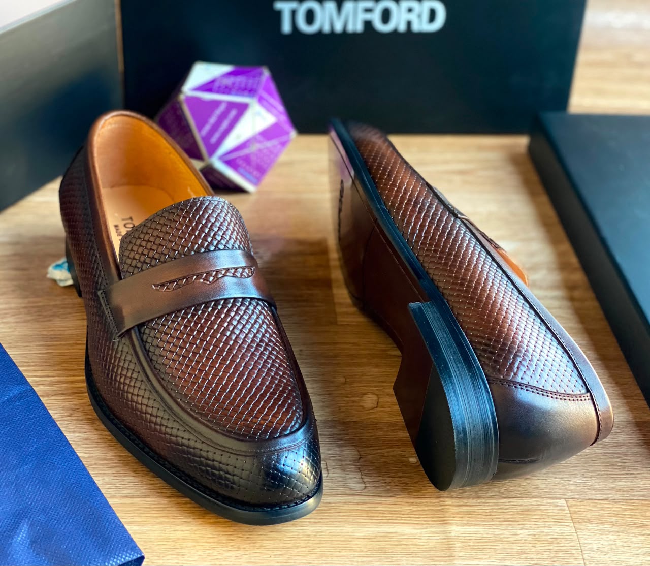 Tom Ford Brown Woven Leather Penny Loafers
