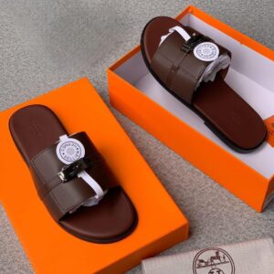 Hermès “Gabriel” Brown Leather Slide Sandals with Metal Buckle