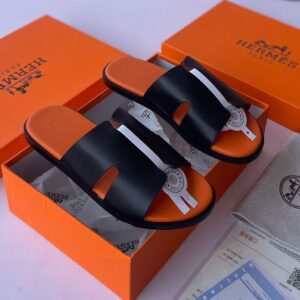 Hermès “Pam” Two-Tone Leather Slide (Black/Orange)