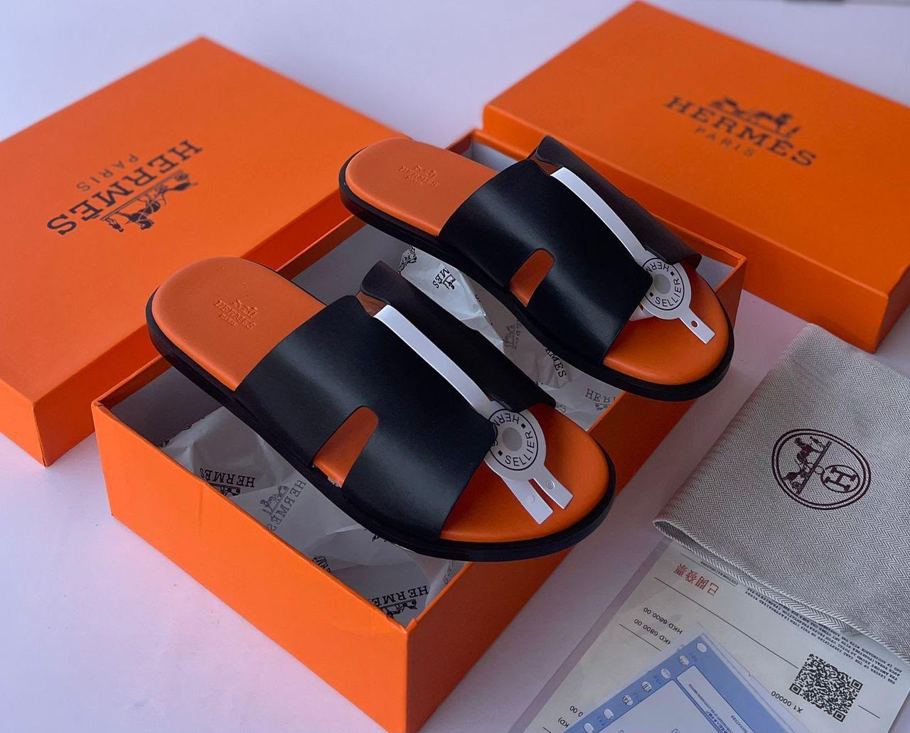 Hermès “Pam” Two-Tone Leather Slide (Black/Orange)