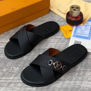 Louis Vuitton Black Criss-Cross Leather Slide Sandals with Metal Logo Ring