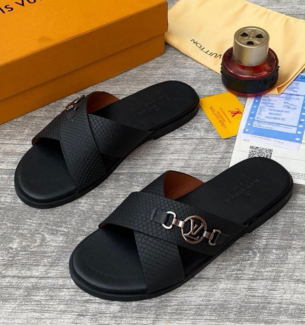 Louis Vuitton Black Criss-Cross Leather Slide Sandals with Metal Logo Ring