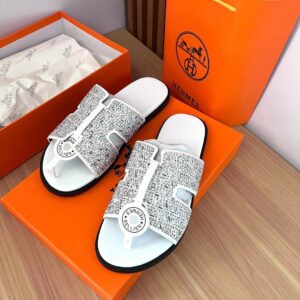 Hermès Crystal-Embellished White Leather Slide