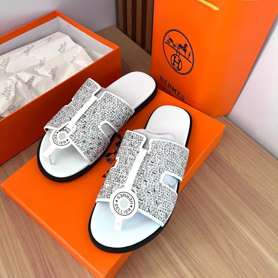Hermès Crystal-Embellished White Leather Slide