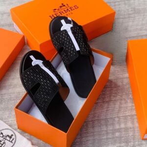 Hermès Black Crystal-Embellished Leather Slide
