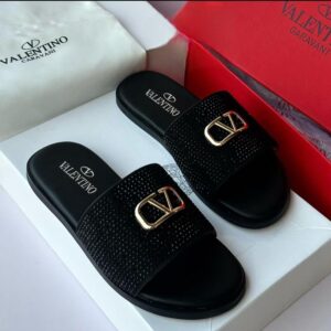 Valentino Garavani Men’s Black Studded Slide with Gold VLogo
