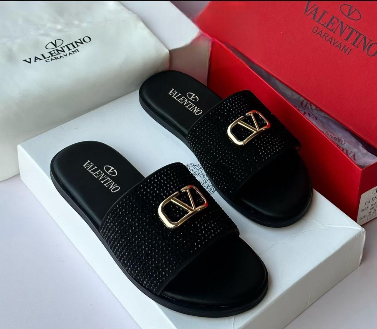 Valentino Garavani Men’s Black Studded Slide with Gold VLogo