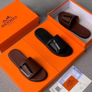 Hermès Men’s Metal Buckle Leather Slide (Black & Brown)