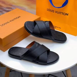 Louis Vuitton Monogram-Embossed Black Leather Crisscross Slide