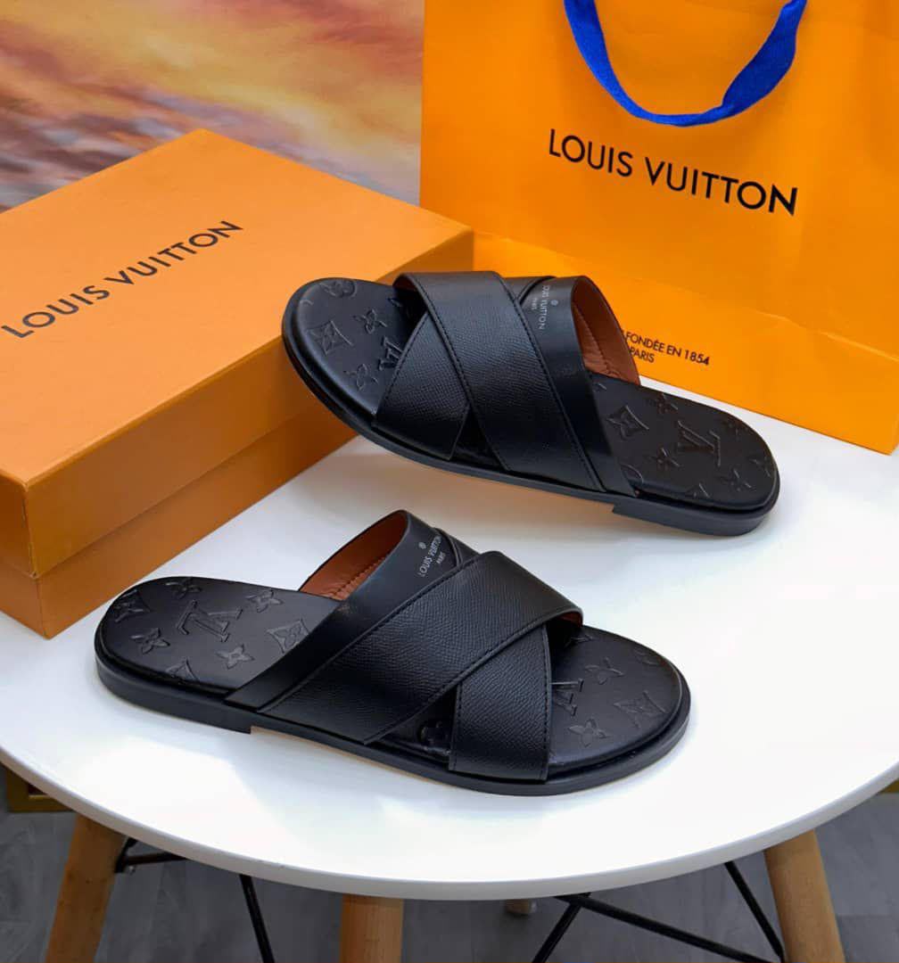 Louis Vuitton Monogram-Embossed Black Leather Crisscross Slide
