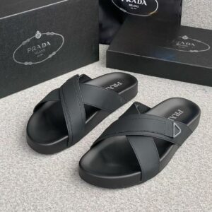 Prada Black Leather Crisscross Slide Slippers
