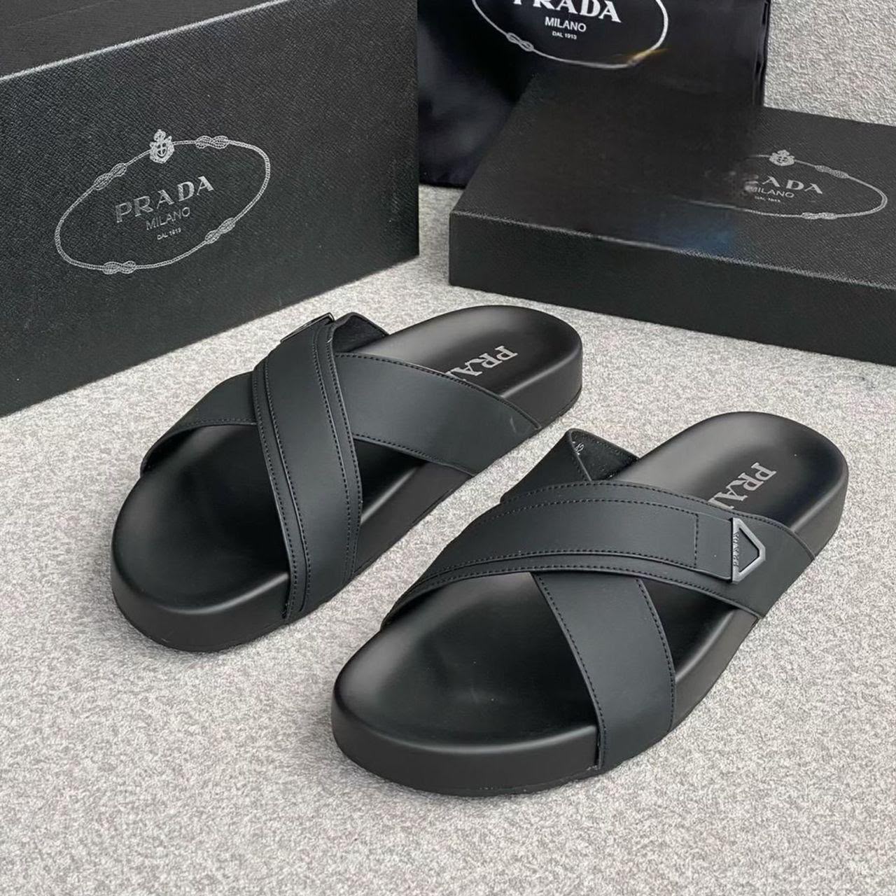 Prada Black Leather Crisscross Slide Slippers